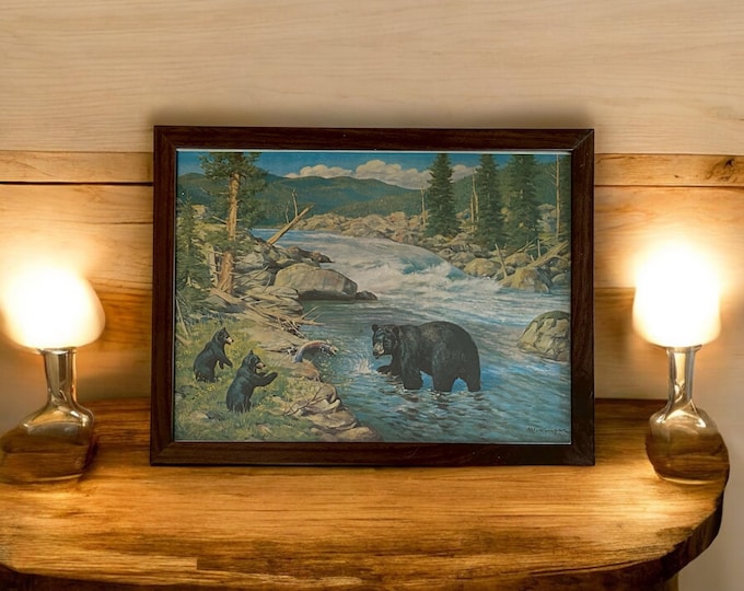 Vintage Catskill Game Farm Foil Print - American Black Bear - Framed - Mid-Century Souvenir Wall Art – Upstate New York Memorabilia 1967