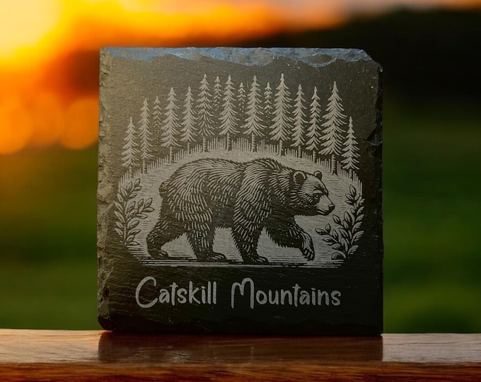 Catskill Mountains Bear in A Forest - 4" Square Slate Coaster - made in USA