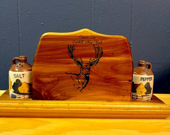 Vintage Carson City - Catskill New York Cedar Wood Souvenir - Napkin Holder with Salt and Pepper Shaker