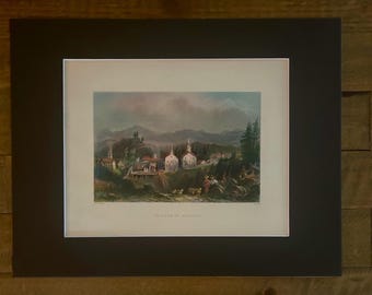 Village of Catskill  - WH Barlett Original Hand Colored Print - circa 1840 - Original  - Catskill Mountains Vintage