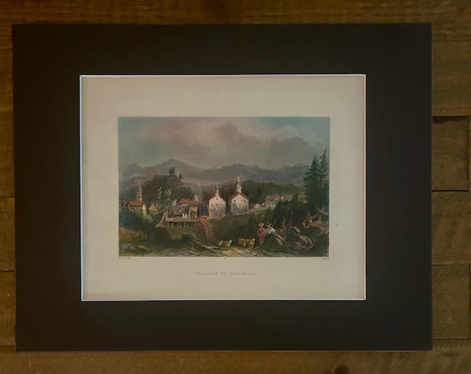 Village of Catskill  - WH Barlett Original Hand Colored Print - circa 1840 - Original  - Catskill Mountains Vintage