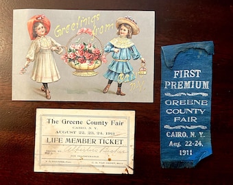 Set of three Vintage Collectibles from Cairo New York -  Embossed Postcard, Greene County Fair  Prize Ribbon and Ticket - 1911