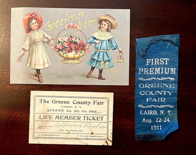 Set of three Vintage Collectibles from Cairo New York -  Embossed Postcard, Greene County Fair  Prize Ribbon and Ticket - 1911