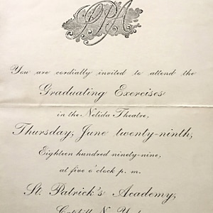 Saint Patrick&#39;s Academy Graduation Commencement Invitation - 1899 at the Nelida Theater - Catskill New York - Vintage Catskill Memorabilia