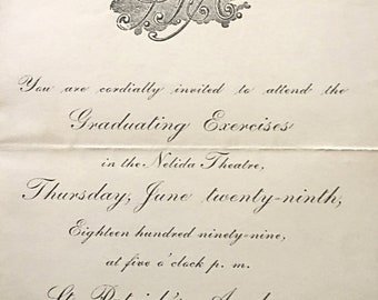 Saint Patrick's Academy Graduation Commencement Invitation - 1899 at the Nelida Theater - Catskill New York - Vintage Catskill Memorabilia