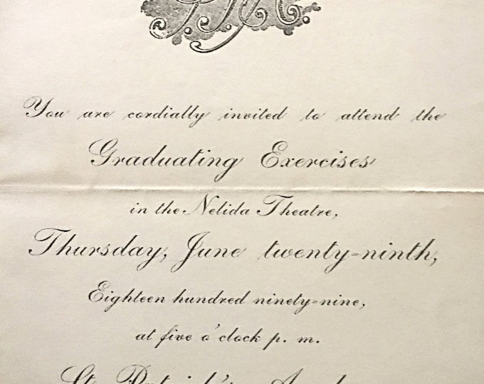 Saint Patrick's Academy Graduation Commencement Invitation - 1899 at the Nelida Theater - Catskill New York - Vintage Catskill Memorabilia