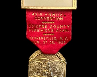Vintage Firemen Convention Badge - Greene County  Tannersville New York - Catskill Mountains - 1934