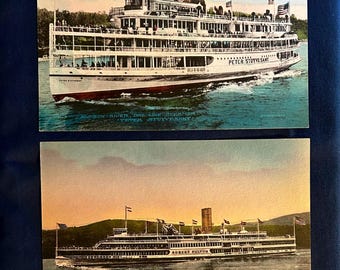 Hudson River Day Line Steamers Robert Fulton and Peter Stuyvesant   - Set of Two Vintage Hand colored Albertype Postcards  - Hudson River