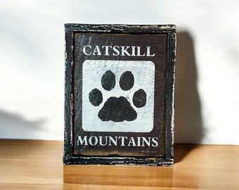 Catskill Mountains Wood Sign - Hand made from reclaimed barn wood in New York State - Large Cat Print