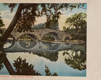 Vintage Leeds Bridge "Glitter" Postcard - The Old Stone Bridge - Leeds, New York - Catskill Mountains