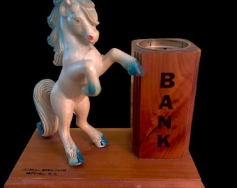 Vintage Bank from the Catskill Game Farm - Cedar Wood with Unicorn - Catskill Mountains Memorabilia