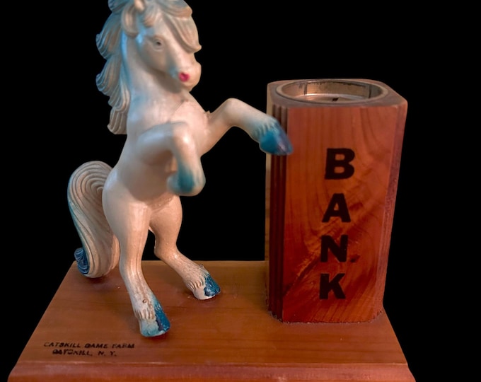 Vintage Bank from the Catskill Game Farm - Cedar Wood with Unicorn - Catskill Mountains Memorabilia