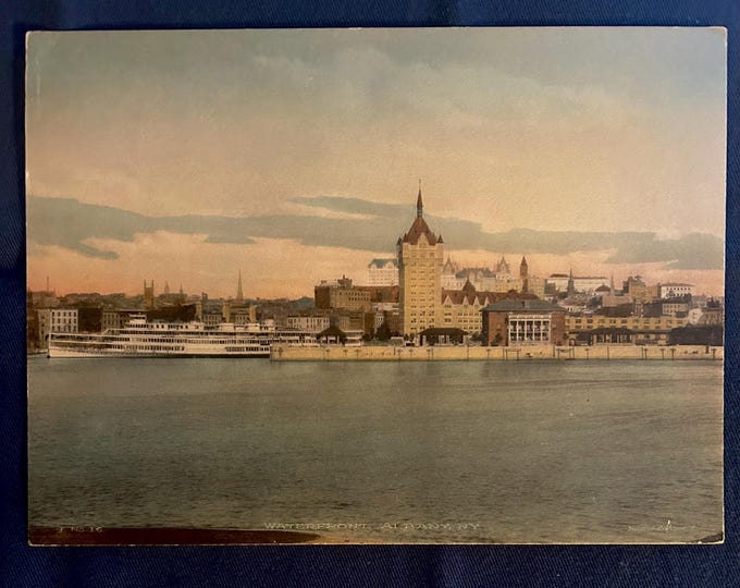 Waterfront, Albany New York -  Vintage Hand colored Albertype Postcard - Hudson River