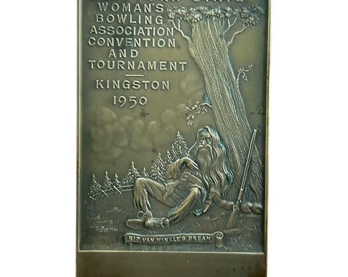 Commemorative Brass Paperweight - Rip Van Winkle - New York Woman's Bowling Association Tournament - 1950