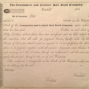 Rare and Vintage  - Canajoharie and Catskill Rail Road Company Stock Certificate - New York, circa 1830 - FREE SHIPPING