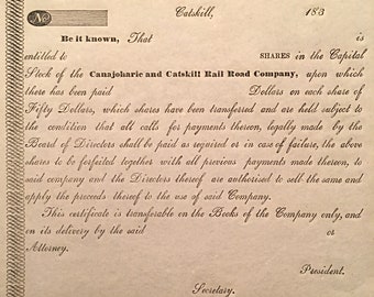 Rare and Vintage  - Canajoharie and Catskill Rail Road Company Stock Certificate - New York, circa 1830 - FREE SHIPPING