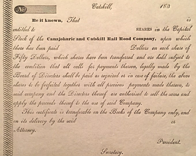 Rare and Vintage  - Canajoharie and Catskill Rail Road Company Stock Certificate - New York, circa 1830 - FREE SHIPPING