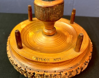 Vintage Catskill Mountains Wooden Sewing Spool Thread Holder Pin Cushion - 4 spool holders & 1 pin cushion