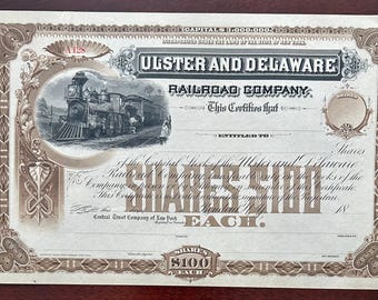 Vintage Stock Certificate of the Ulster and Delaware Railroad Company - Catskill Mountains Railroad Memorabilia
