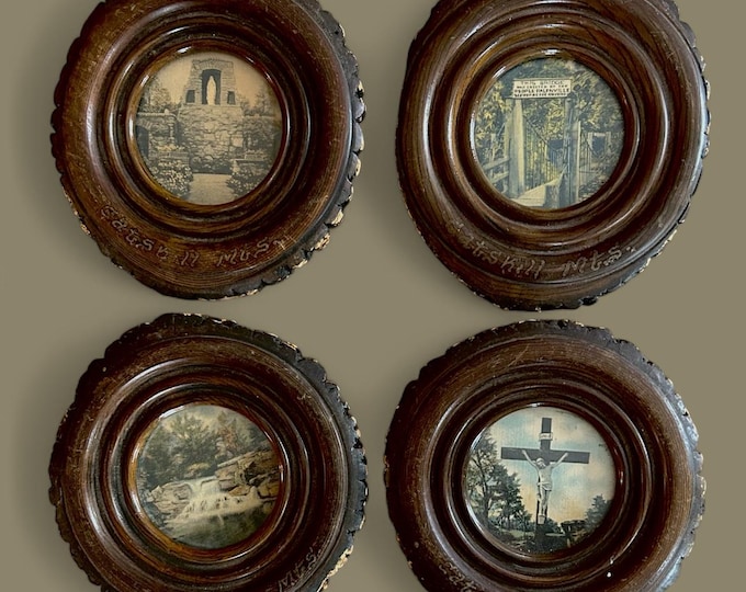 Set of FOUR Vintage Palenville New York Images - Round Wood Frames with Bark, Souvenir of the Catskill Mountains - Kaaterskill Clove