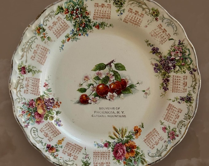 Souvenir of Phoenicia, N. Y. 1910 Souvenir Calendar Plate -  Cherries - Vintage Catskill Mountains Collectible