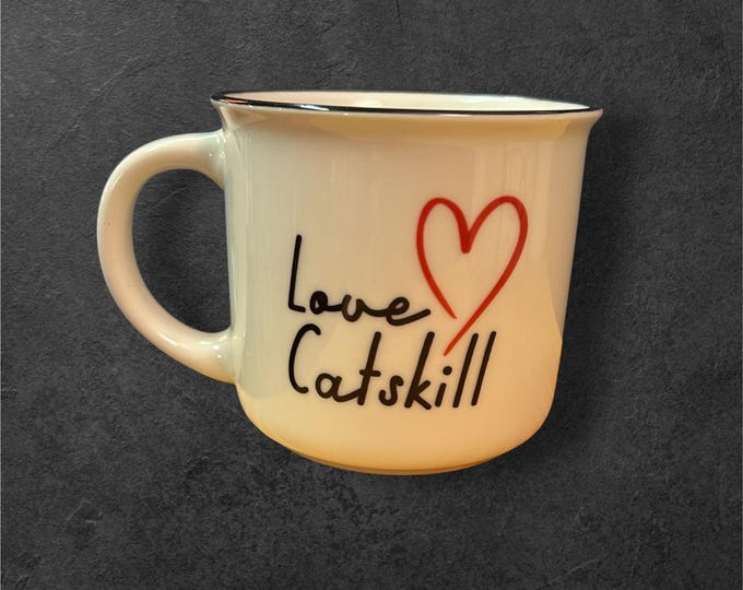 Ceramic Catskill NY Mug -  13oz black  lip ceramic camper style mug - LOVE  CATSKILL  - Exclusive to Catskill Collectibles