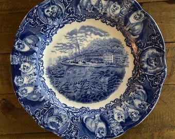Vintage Catskill Mountain House Souvenir Plate - RARE - Outlined with images of Cats - Made in England - Cobalt Blue - Circa 1910