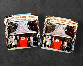 Pair Catskill Game Farm Coasters - Catskill Mountains NEW Souvenir - Reproduction of the iconic main entrance to the Game Farm