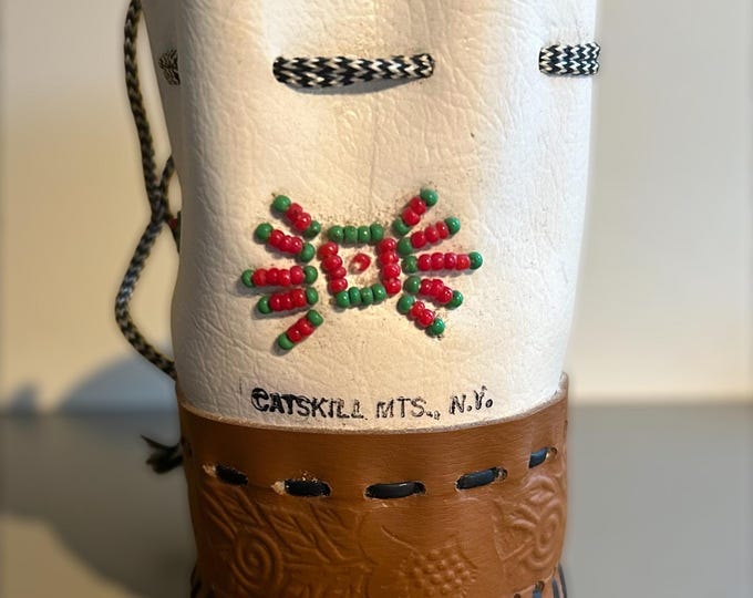 Vintage Faux Leather Drawstring Pouch with Beads - includes a glass Waterman Ink Well - Catskill Mountains Souvenir