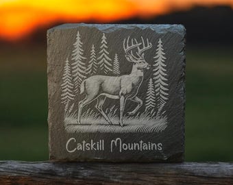 Catskill Mountains Deer in A Forest - 4" Square Slate Coaster - made in USA