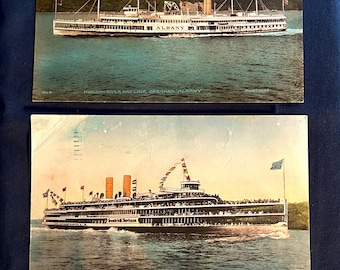 Hudson River Day Line Hendrick Hudson and Steamer Albany  - Set of Two Vintage Hand colored Albertype Postcards - Hudson River - Brooklyn NY