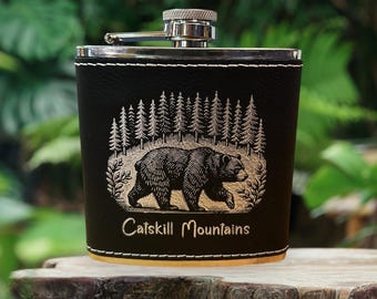 Catskill Mountains Bear in the Woods 6 ounce Flask - Stainless Steel