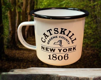 Enamel Catskill NY Greene County Mug -  18oz black lip enamel camper mug - Exclusive to Catskill Collectibles