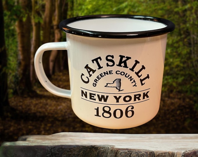 Enamel Catskill NY Greene County Mug -  18oz black lip enamel camper mug - Exclusive to Catskill Collectibles