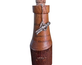Vintage Catskill Mountains Souvenir Wood Bottle with Female Charm - Matrimonial Prospects