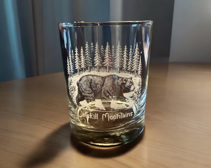 Catskill Mountains Bear in Forest 10 ounce Double Whiskey - Old Fashioned Glass - Made in the USA