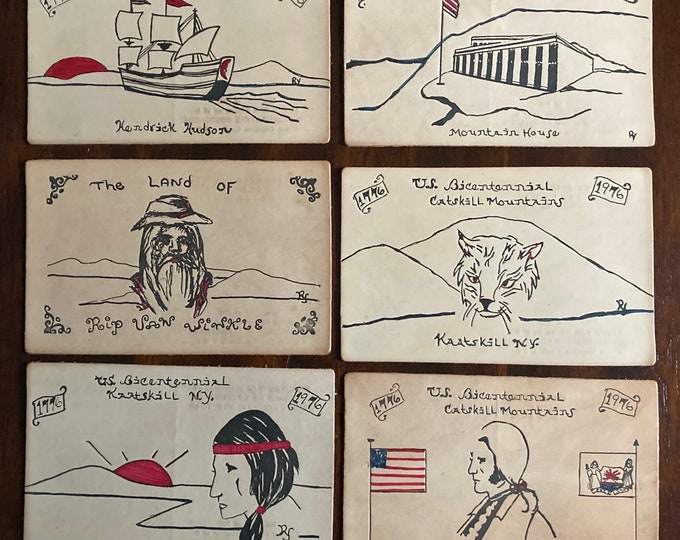 Set of SIX Vintage Leather Catskill Postcards Commemorating the US Bicentennial - 1776-1976 -  Rare limited edition - Catskill Mountains