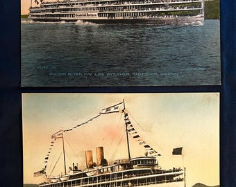 Hudson River Day Line Steamers Hendrick Hudson and De Witt Clinton   - Set of Two Vintage Hand colored Albertype Postcards