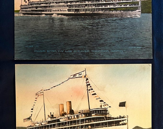 Hudson River Day Line Steamers Hendrick Hudson and De Witt Clinton   - Set of Two Vintage Hand colored Albertype Postcards