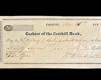 Vintage Catskill Bank - 1843 Bank Note - William W Van V echten - Catskill New York