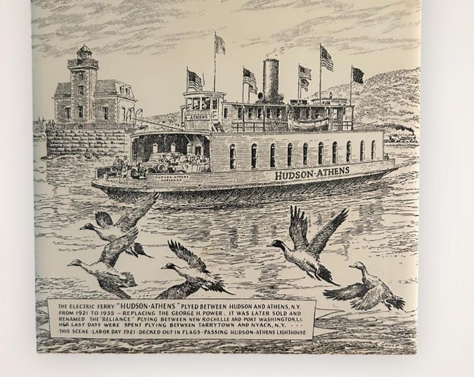 Hudson Athens Ferry and LightHouse - Vintage Collector Tile from Bethlehem Art Gallery - John Gould