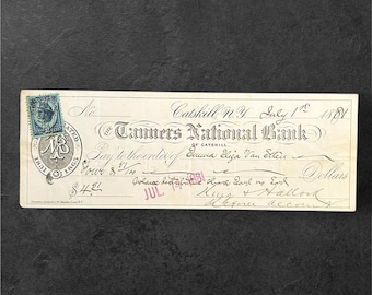 The Tanners National Bank of Catskill Bank Note - Check - With Stamp - July 1881 - Catskill New York