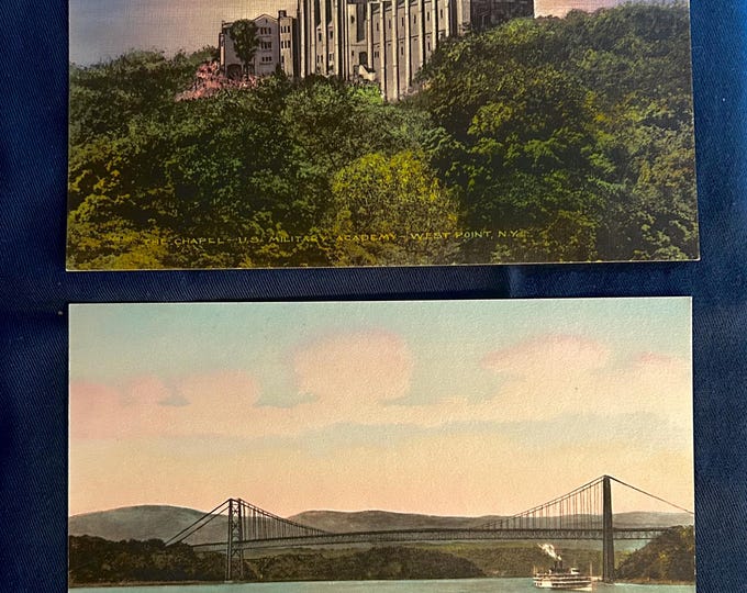 Bear Mountain Bridge and The Chapel at West Point -  Set of Two Vintage Hand colored Albertype Postcards - Hudson River - Brooklyn NY