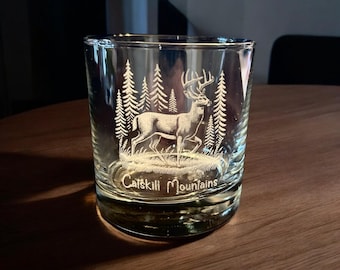 Catskill Mountains Deer in Forest 10 ounce Whiskey - Old Fashioned Glass - Made in the USA