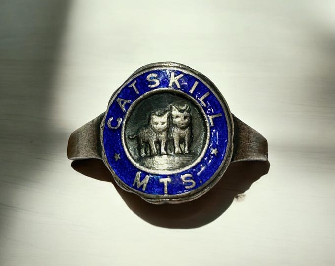 Vintage Catskill Mountains Sterling Souvenir Ring with Blue Enamel - Image of two Cats - With vintage Box