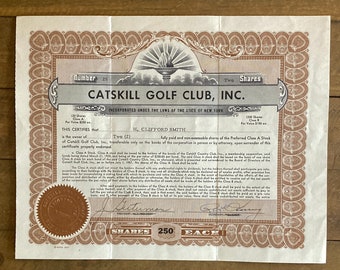 Vintage Catskill Golf Club Stock Certificate - 1957 - Catskill Mountains Memorabilia