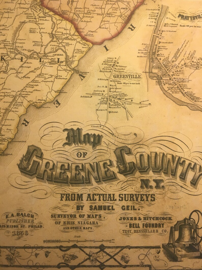 Greene County New York Wall Map Reprint of 1856 Map 24 X 34 Quality Reproduction Etsy
