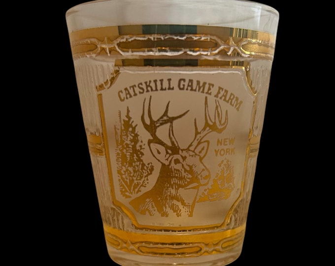 Catskill Game Farm Souvenir Shot Glasses - Rare Design - Gold and Etched Glass - Catskill Mountains Memorabilia