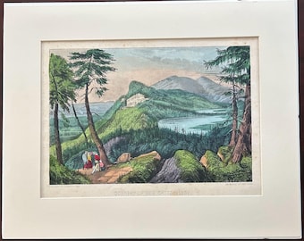 Currier and Ives  hand colored  Lithograph - Scenery of the Catskills - Image of the Catskill Mountain House and Lakes C1870 - RARE
