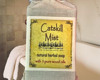 Catskill Mist Soap - Handmade in Lowville, New York -  A balancing blend of 5 wood essential oils. Evergreen scent. 4 oz. Made in the USA
